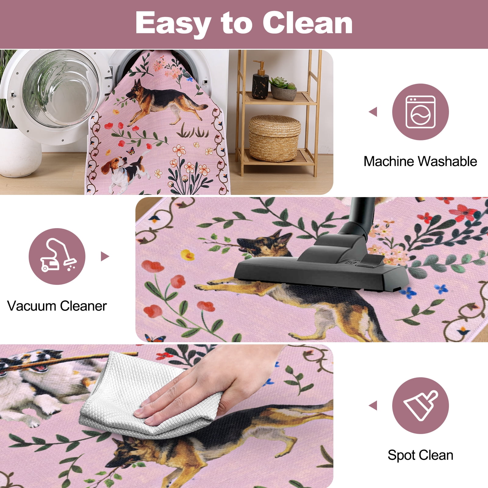 MJIAexp 2'x8' Jute Animal Dog Floral Kitchen Runner Rug,Woven Texture Machine Washable Runner Rug Non-Slip Rubberback Hallway Runner Laundry Rug Throw Carpet for Living Room Bedroom Dining Room Entry