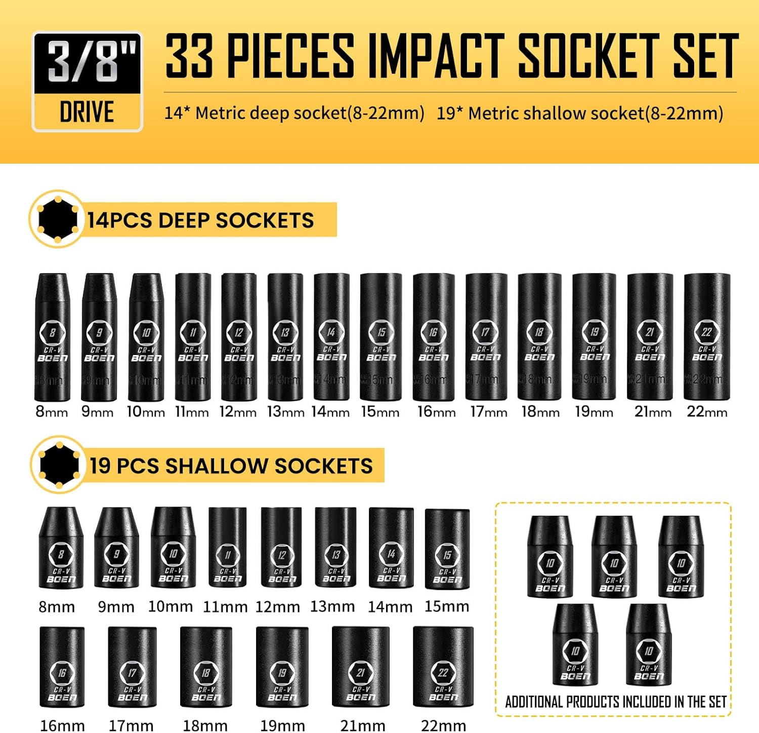 3/8" Drive Impact Socket Set, 57-Piece Standard SAE (5/16 to 3/4 inch) and Metric (8-22mm), Include Ratchet Handle, Extension Bar, Universal Joint, Adapter, and Additional 5 10mm Sockets