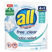 all Mighty Pacs Laundry Detergent, Free Clear Odor Relief, Pouch, 16 Count