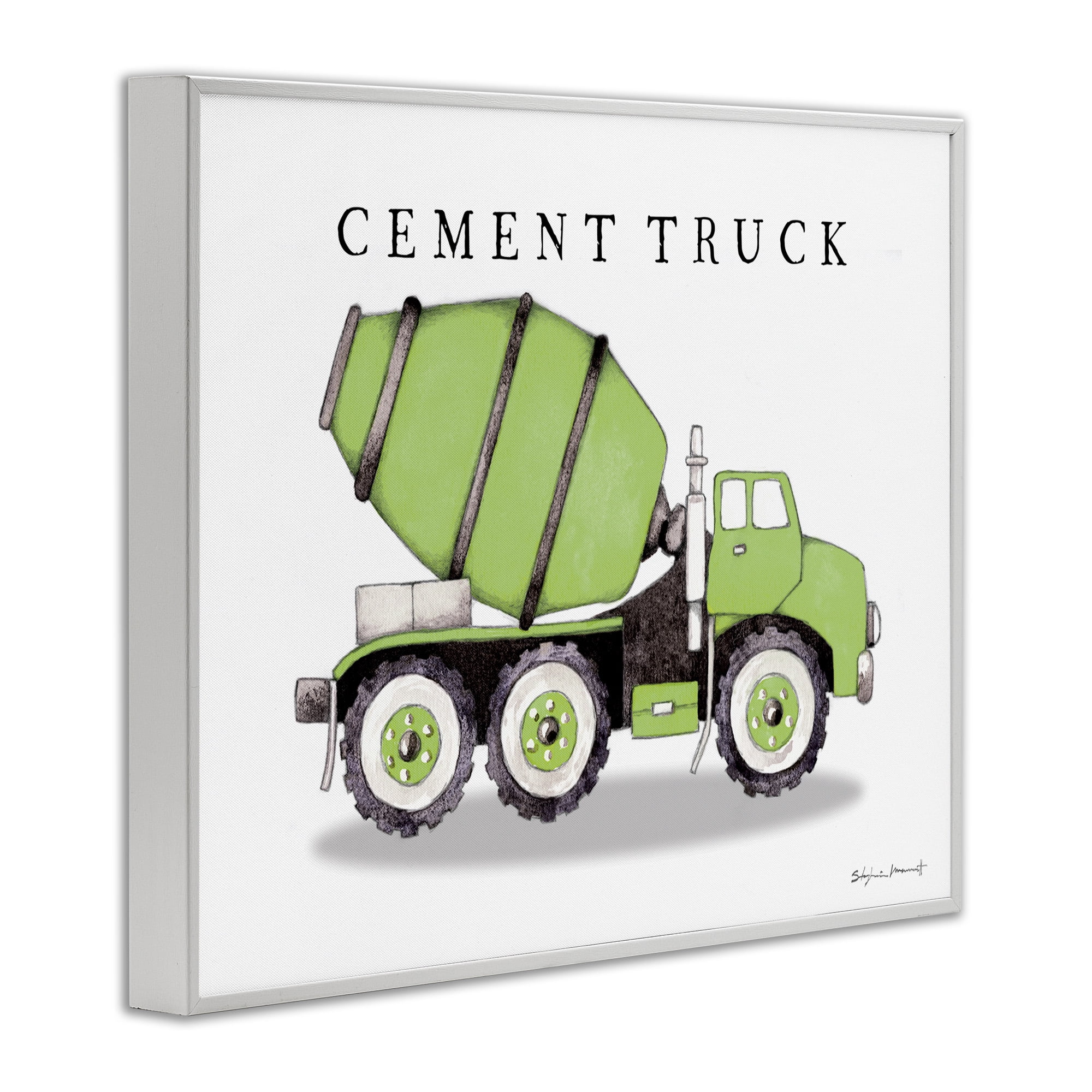 Stupell Industries Green Cement Truck Construction Art for Kids Painting White Framed Art Print Wall Art, 14 x 11