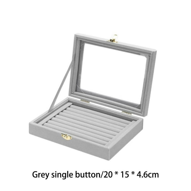 VONKY Lints Jewelry Display Organizer Transparent Window Lid Jewelries Storage Box Earring Rings Holder Home Travel Multifunction Case Grey Sinlge Button