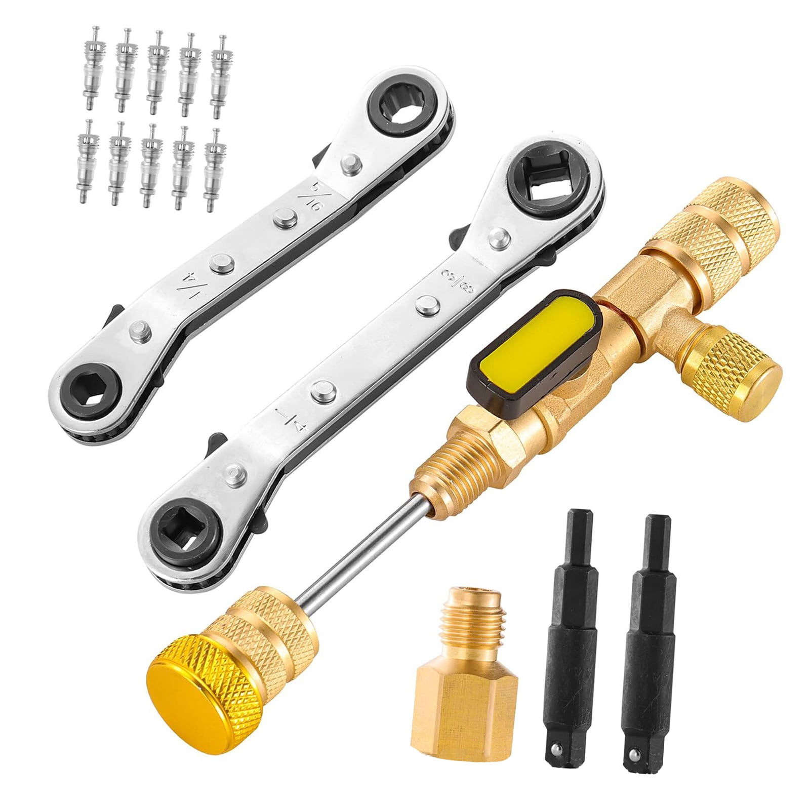 Multifunction Refrigerator Service Key Wrench Set Cores Removal Tool and 10 Valves Cores For HVAC Equipment Maintenance