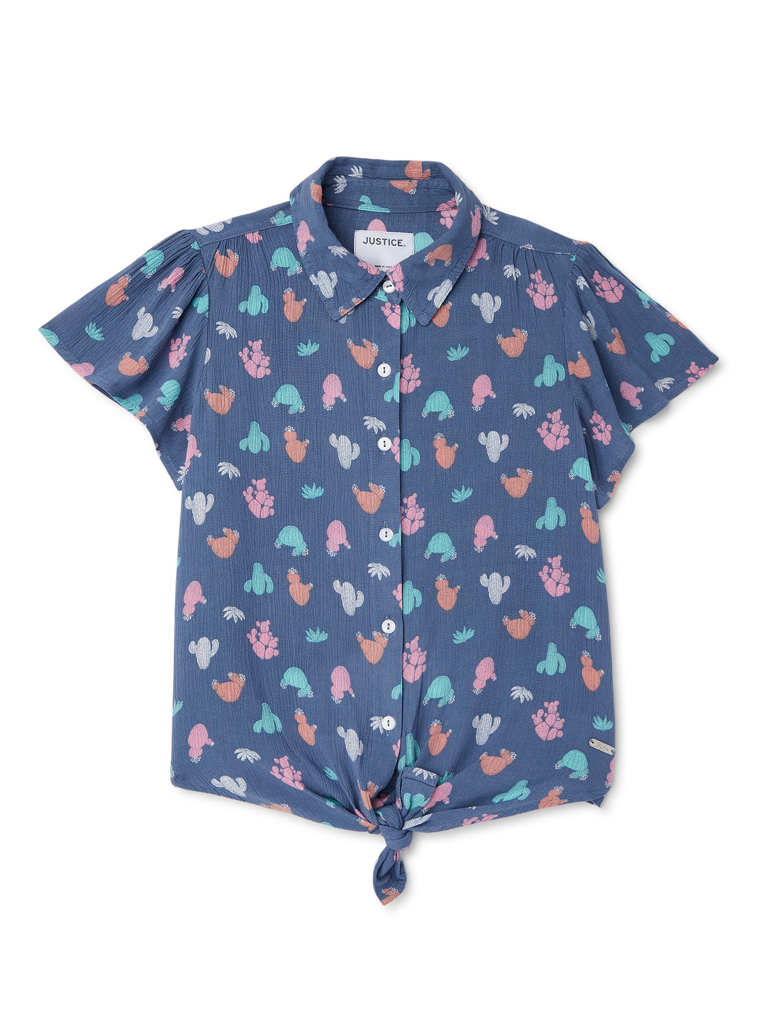 Justice Girls Button Up Tie-Front Camp Shirt, Sizes 5-18 & Plus ...