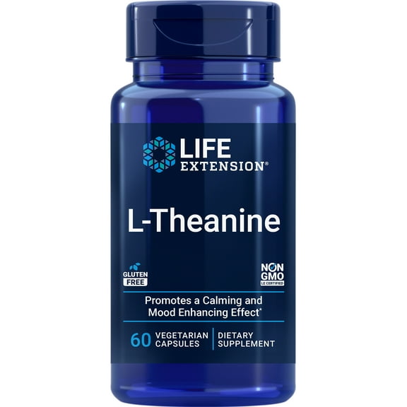Life Extension L-Theanine, amino acid theanine, calm, relaxation, mood, gluten-free, non-GMO, vegetarian, 100 mg, 60 capsules
