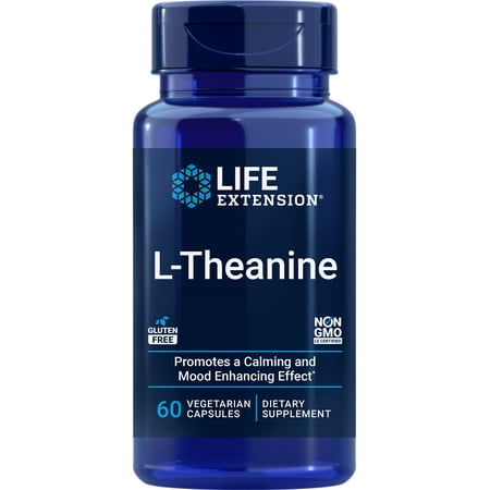 Life Extension L-Theanine, amino acid theanine, calm, relaxation, mood, gluten-free, non-GMO, vegetarian, 100 mg, 60 capsules