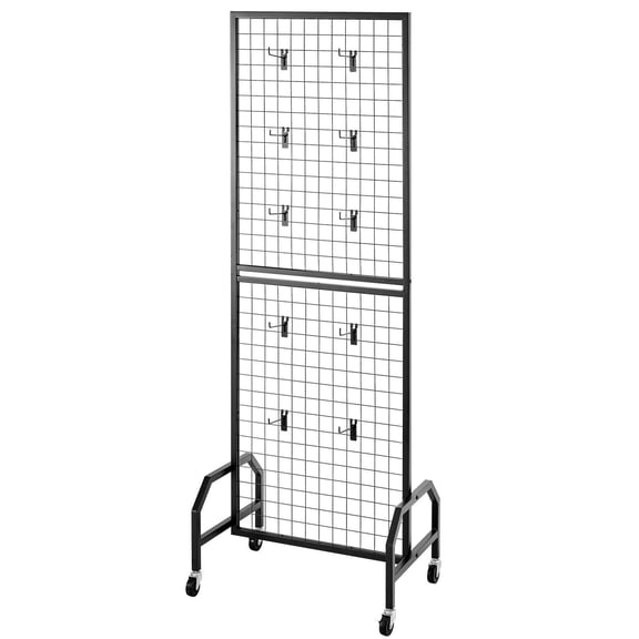 Movable Wire Grid Display Stand - Large 1.9' x 5.4' Tall Metal Grid Panel with Wheels, 10 S-Hooks for Stores, Exhibits & Wall Decor