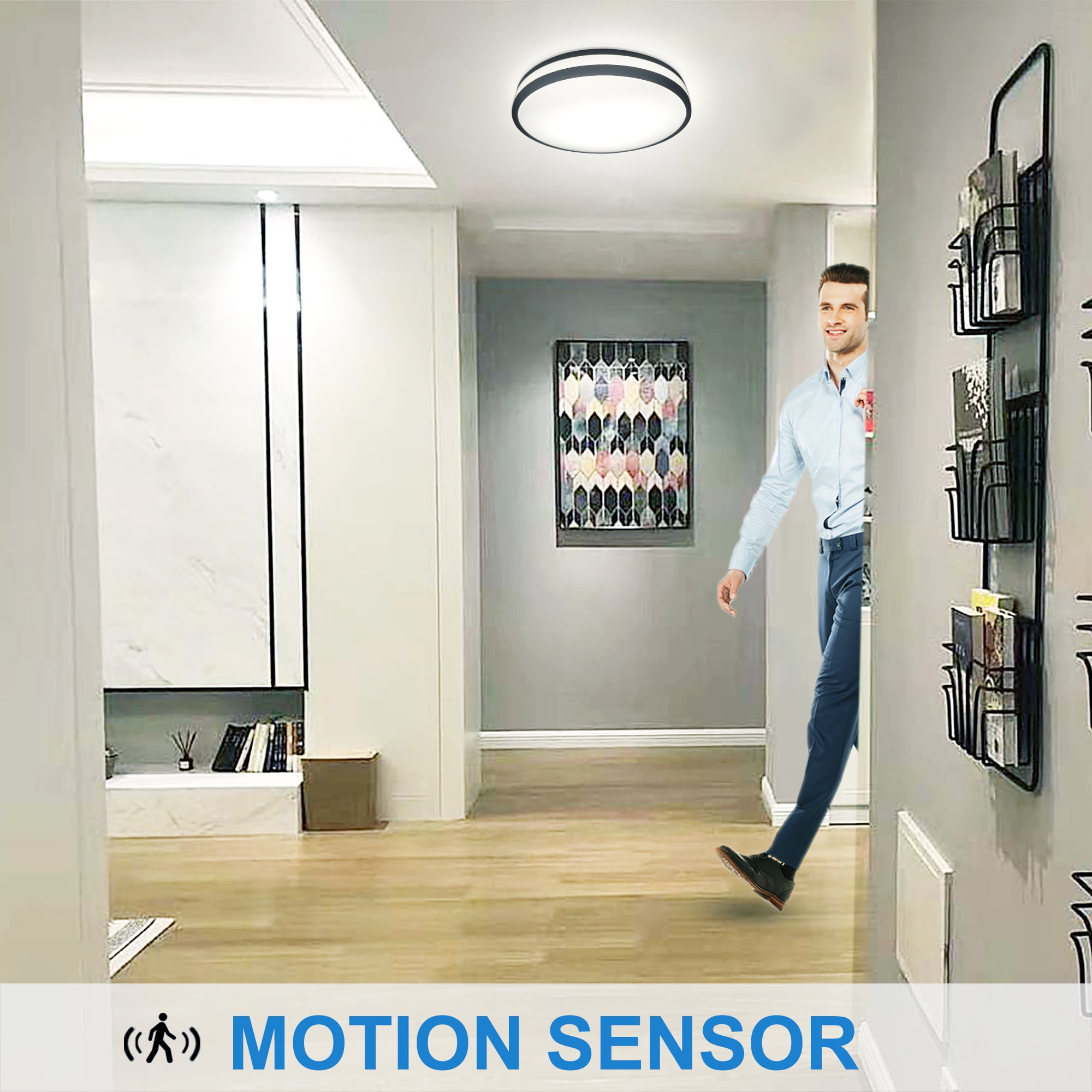 Modern Microwave Motion Sensor LED Flush Mount Ceiling Light Fixture With Remote Control, 13-Inch Round  Dimmable Ceiling Lamp,  For Kitchen, Living Room, Bedroom, Garage,  Hallway,  4000K Cool White