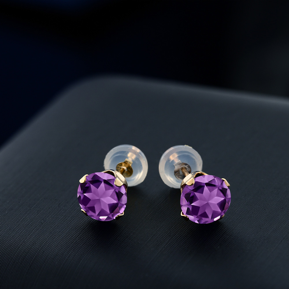 Gem Stone King 10K Yellow Gold Stud 1.40 Ctw Round 6mm Purple Amethyst Stud Earrings for Women Men