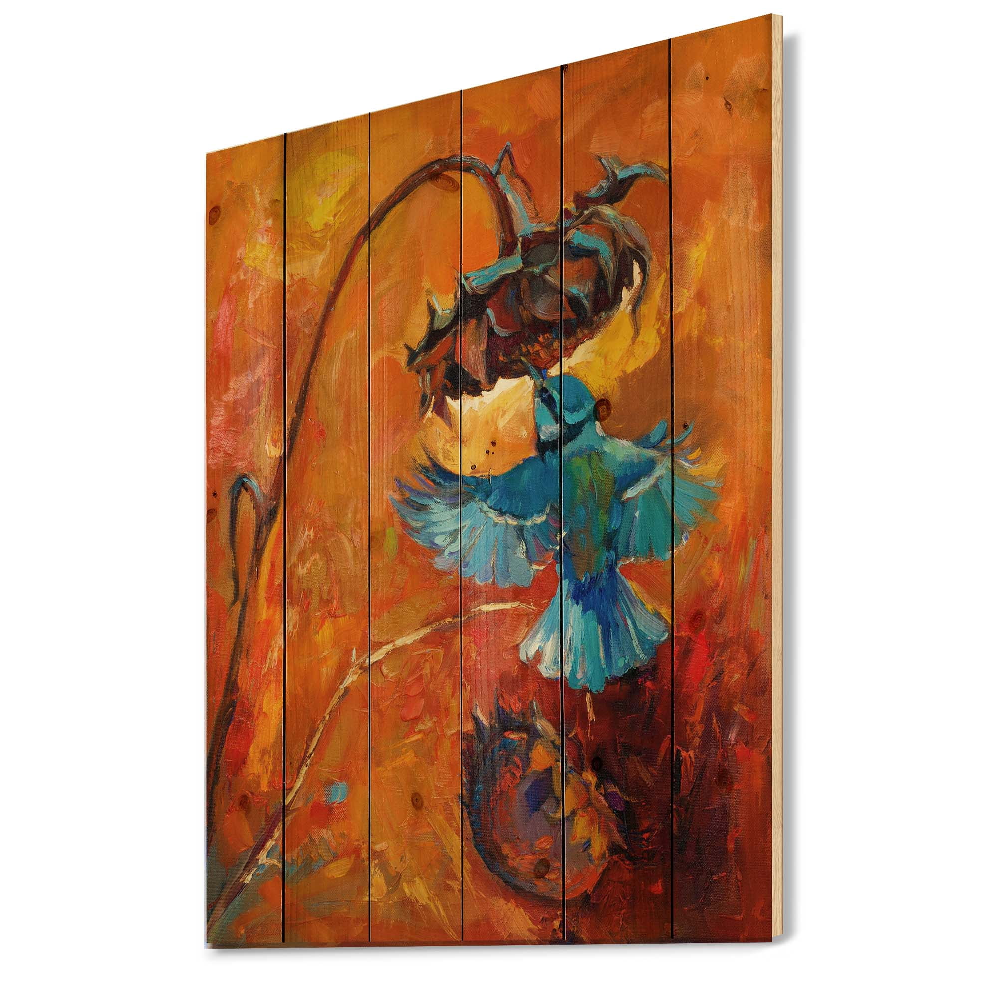 Designart 'Blue Hummingbird On Orange Sunflower' Traditional Print on Natural Pine Wood