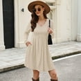 thumbnail image 6 of Women's Dress Long Sleeve V-Neck High Waist Elastic Ribbed Striped with Pocket Midi Dress for Spring Fall Casual,Beige,L, 6 of 7