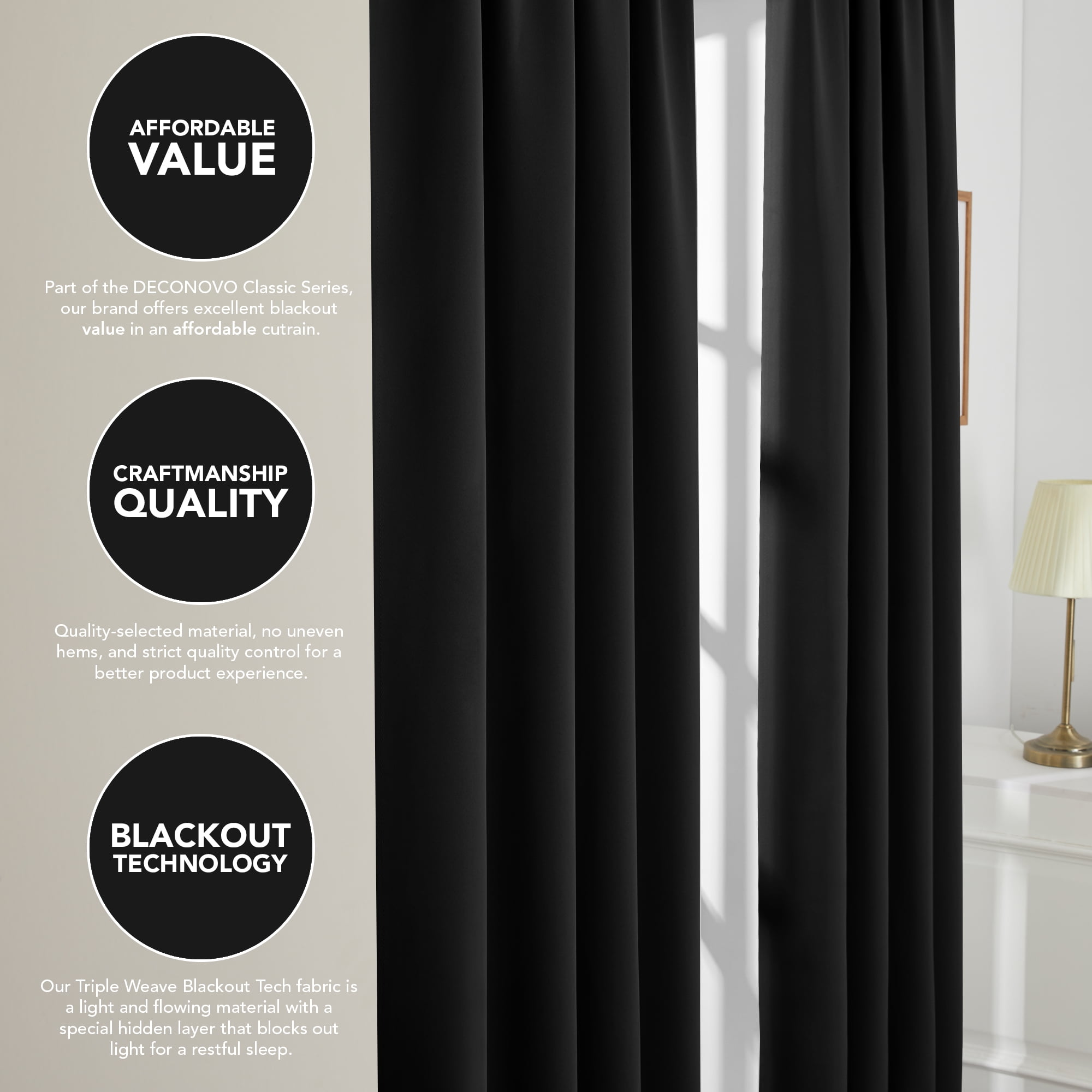 ZOPZO Blackout Curtain 52 x 84 inch Black Rod Pocket Window Curtain for Living Room Set of 2