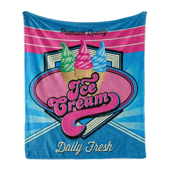 Vintage Soft Flannel Fleece Blanket, Vector Background with Ice Cream Illustration Food Sweets Yummy Design Print, Cozy Plush for Indoor and Outdoor Use, 70" x 90", Blue and Hot Pink, by Ambesonne