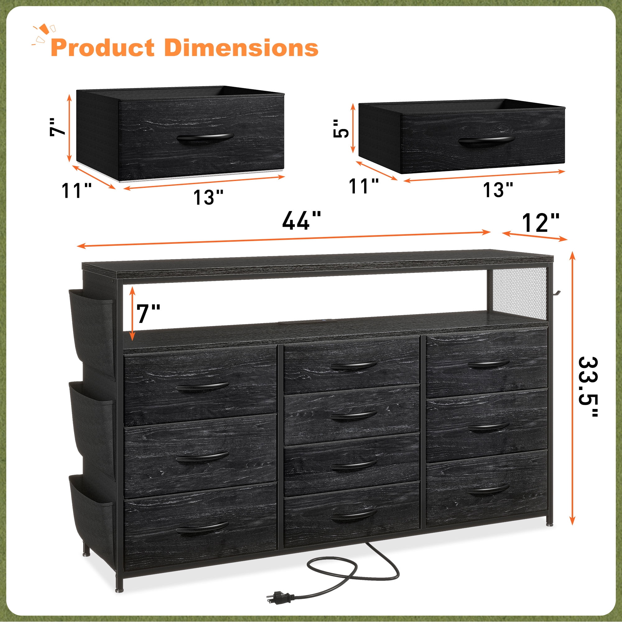 Romorgniz 10 Drawer Dresser,Black Dressers for Bedroom TV Stand with Power Outlets & LED Lights & Entertainment Center,Chest of Drawers with Shelves & Side Pockets & Hook Fabric