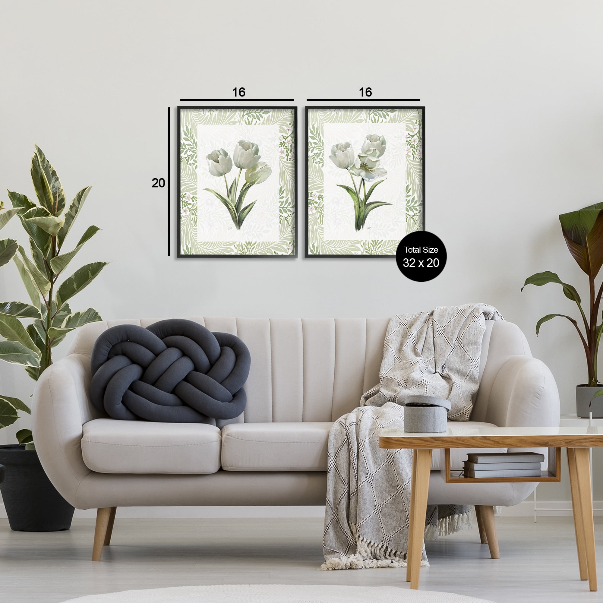 Stupell Industries Soft Green Tulip Trios 2 Piece Black Framed Giclee Art Set, design by Nan