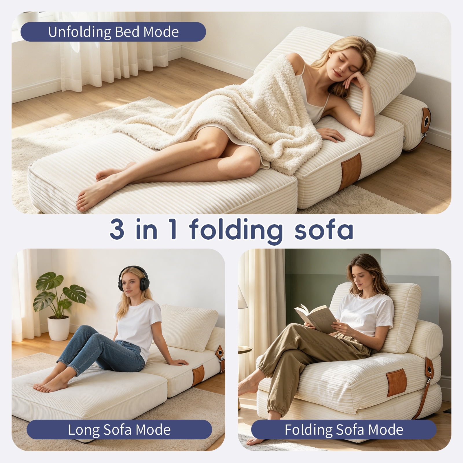 Leumius Folding Sofa Bed,Convertible Chair Bed with Pillow and Back Support,Portable Fold Out Couch Floor Sofa for Living Room Bedroom,White
