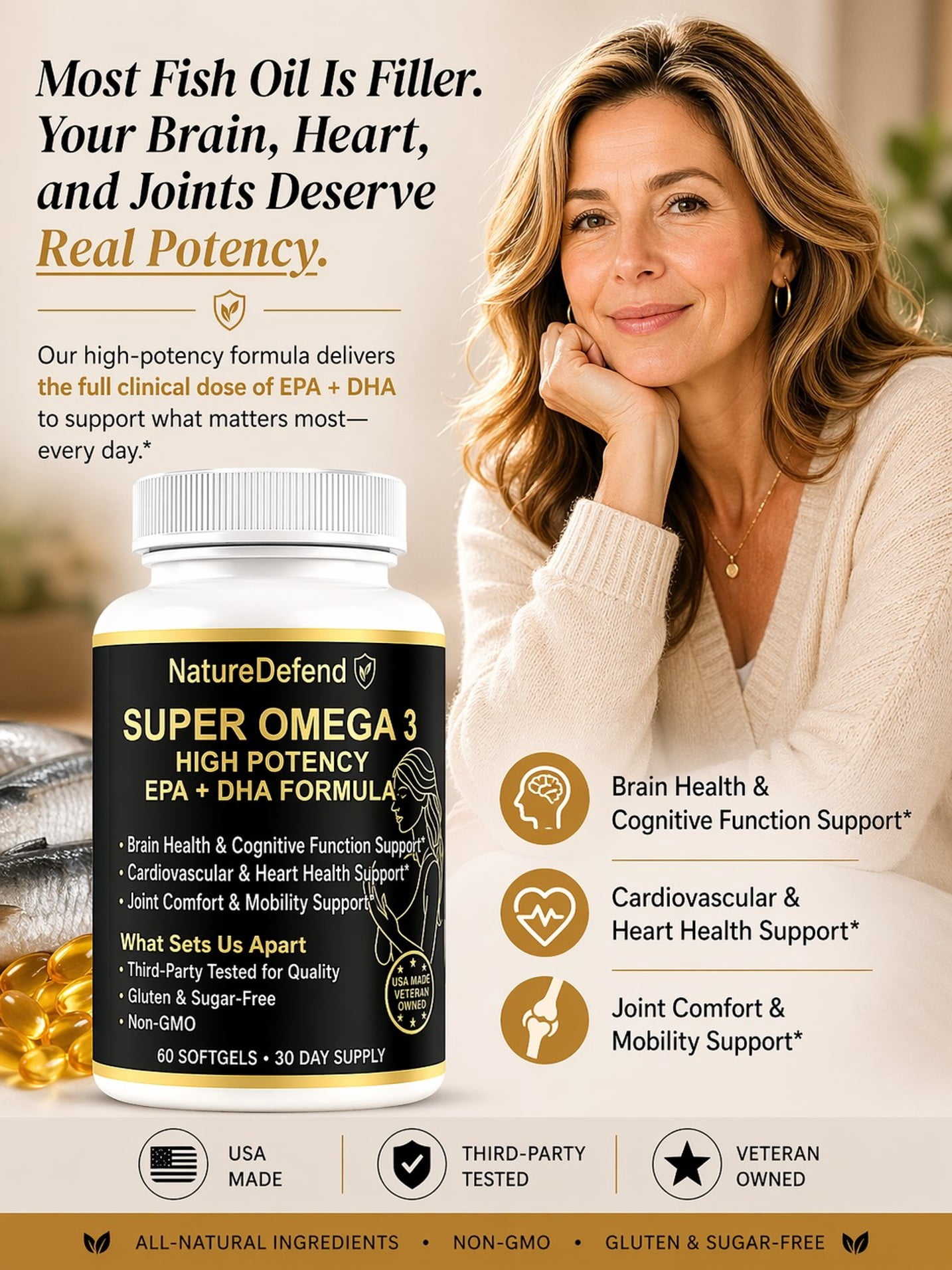 NatureDefend Omega-3 Fish Oil Softgels, EPA & DHA, Lemon, Heart & Brain Support, 60 Count, Veteran-Owned, USA Made