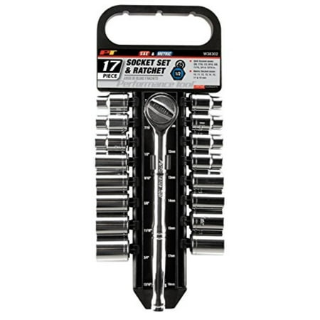 performance tool w38302 17 piece 1/2" drive sae and metric 6 point socket set with ratchet