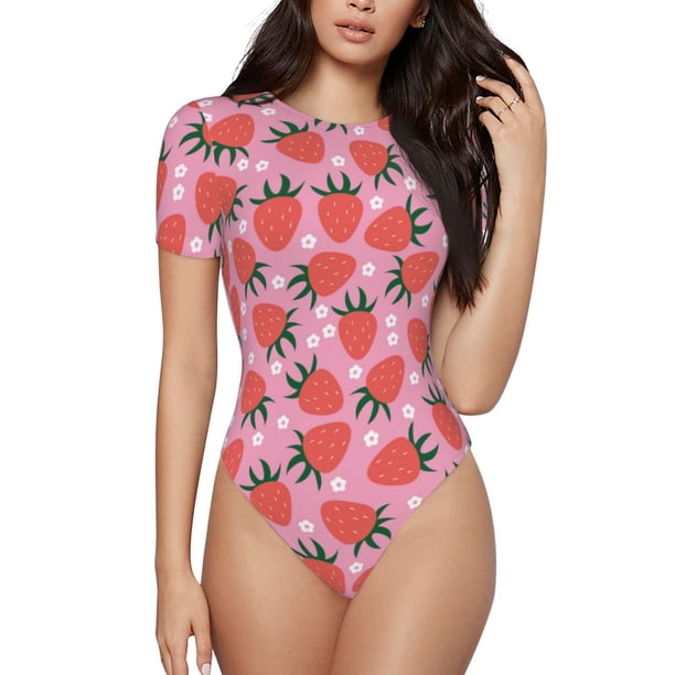 Balery Strawberry Body de cuello redondo de manga corta para mujer Tops de manga corta Tops básicos-Medium