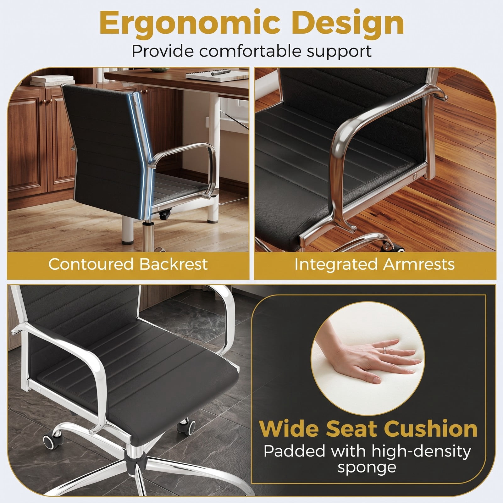 Furnibear High Back Ribbed Office Chair, Ergonomic Executive Desk Chair with Padded PU Leather, Adjustable Height, 360 Swivel, Rocking Backrest and Armrests for, Black