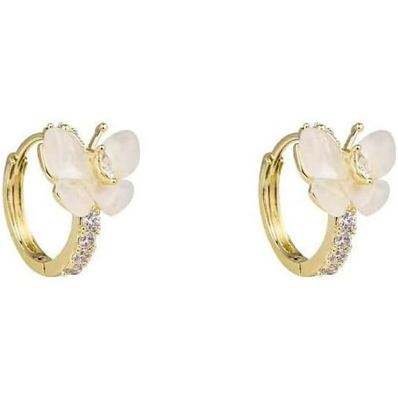 Butterfly Huggie 18K Gold Plated Hoop Earrings for Women – Dainty Gold Hoops with Mother-of-Pearl Butterfly & Cubic Zirconia Crystal Accents – Elegant Everyday Jewelry or Gift