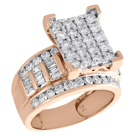 10K Rose Gold Round & Baguette Cut Diamond Rectangle Engagement Ring 2 Ct.