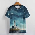 thumbnail image 3 of Lighthouse Sunrise Coast Scenery Pale Blue Tan Womens Tops Women's Fashion Casual Short Sleeve Flower Print Round Neck Pullover Top Blouse, 3 of 6