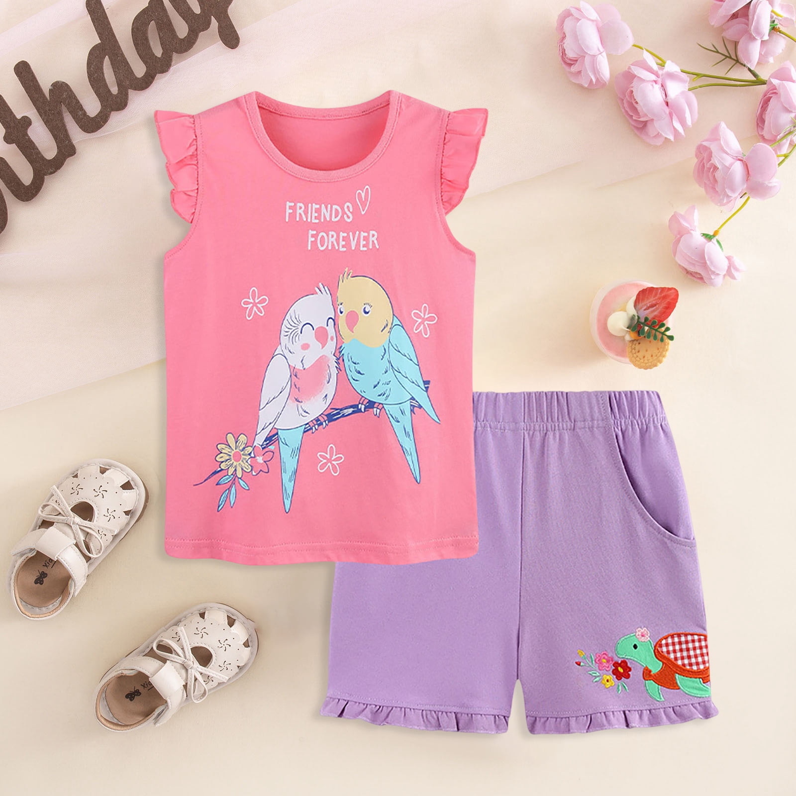 Zshosam Girls' Shorts Sets Newborn Baby Girl Clothes Summer Outfits Infant Ruffle Sleeveless Cute Tank Tops Size 7T 8T,(Pink 7-8 Years)