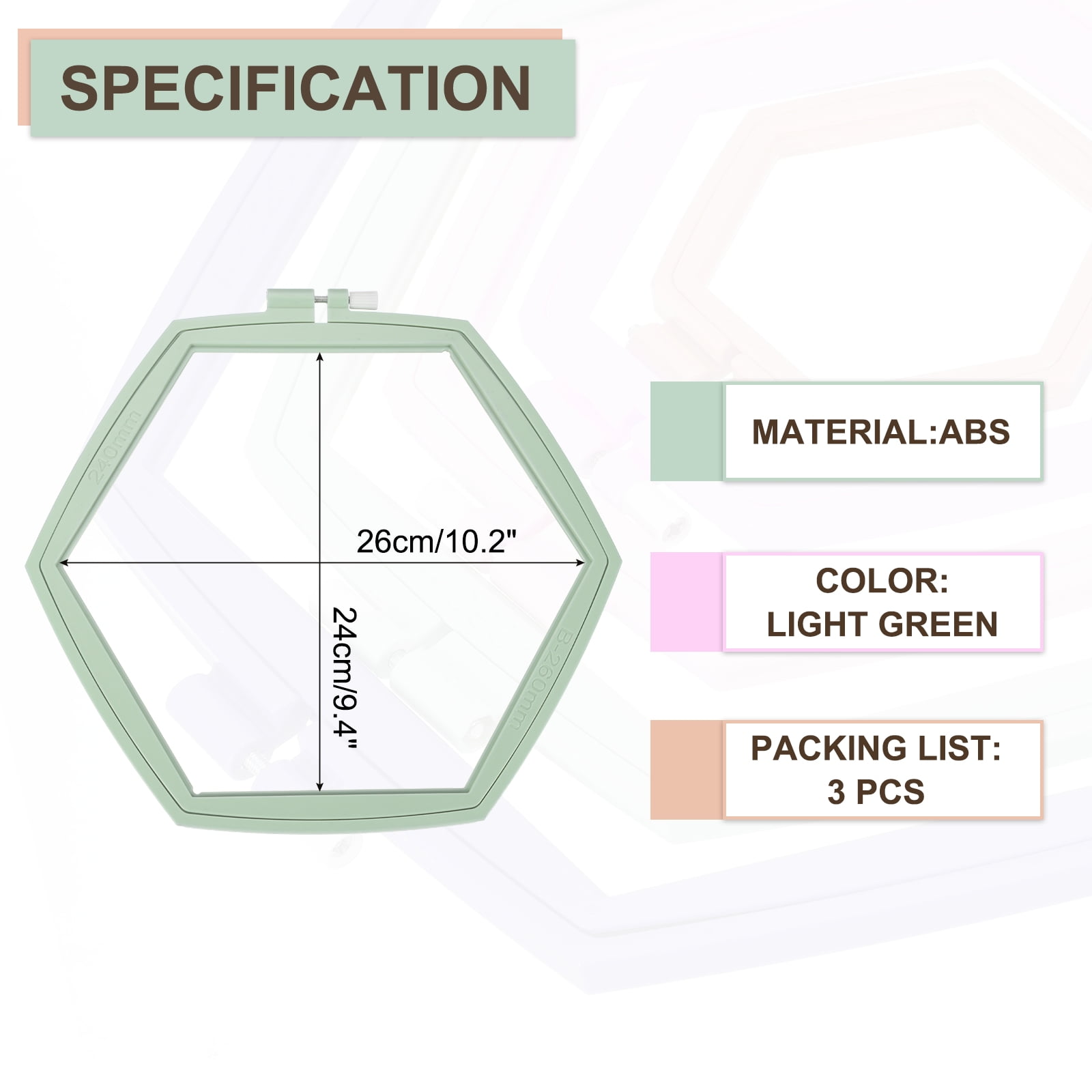 Uxcell 3 Pieces 10.2" x 9.4" Hexagonal Embroidery Hoops, ABS Adjustable Cross Stitch Hoops, Light Green
