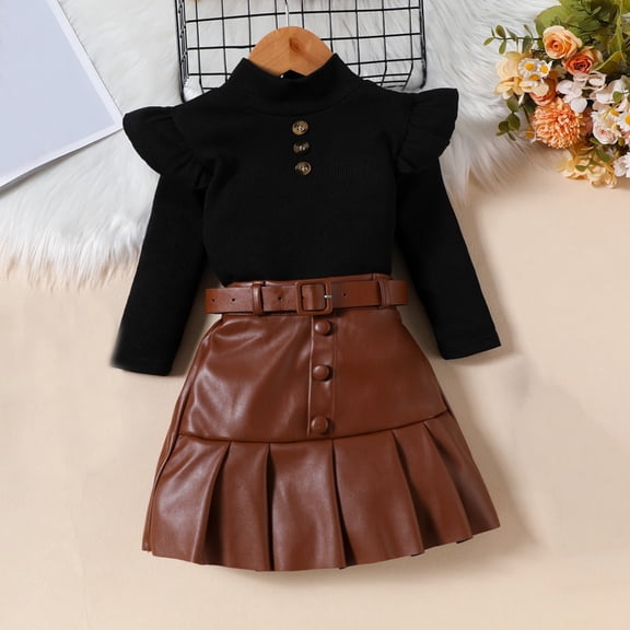 Children's Clothing Cool Handsome Girls Solid Color High Neck Long Sleeve Top  PU Leather Pleated Skirt   Belt Three Suit