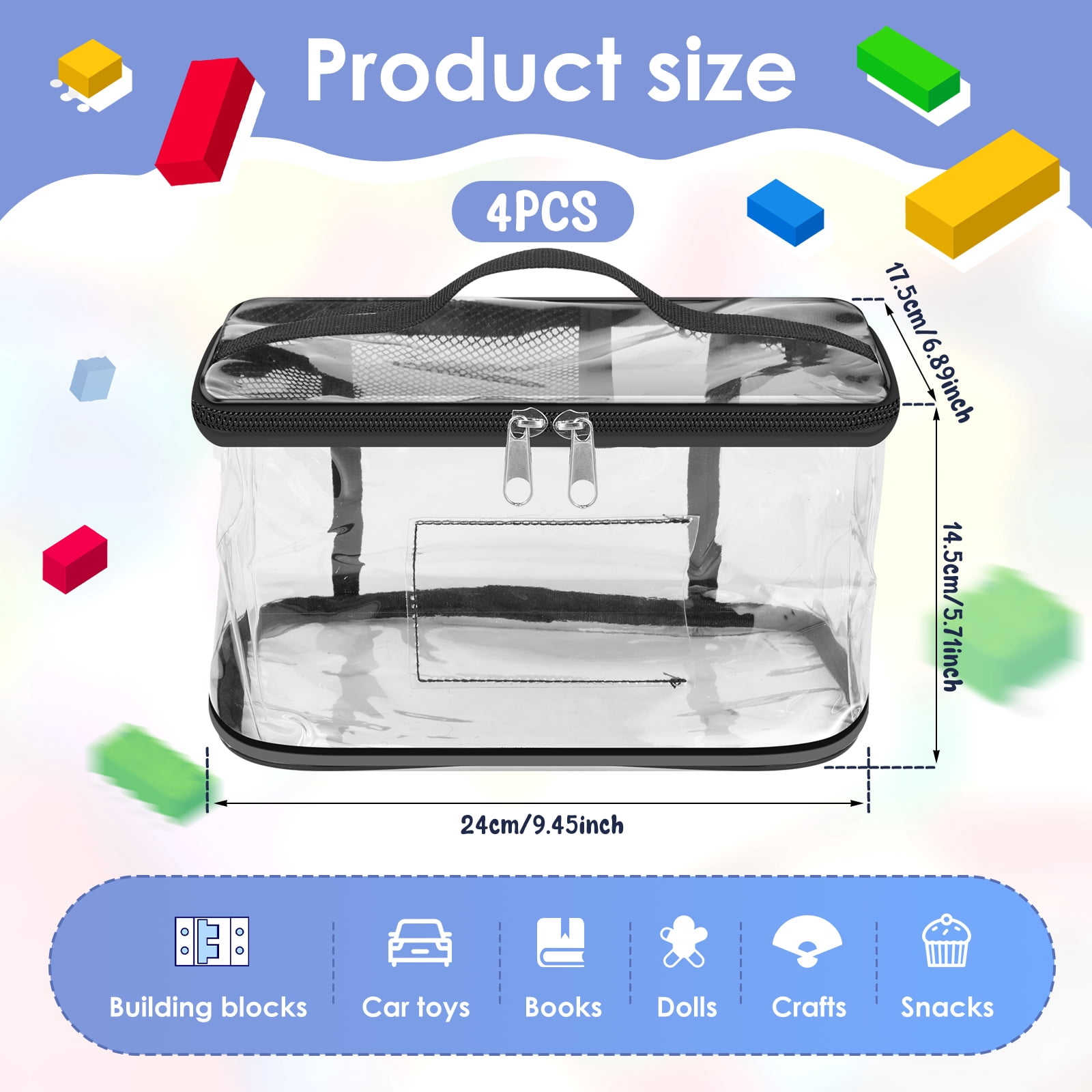 4Pcs Clear Toy Storage Bag with Name Tag& Manual Pocket, Waterproof Transparent PVC Toy Organizer Case for Lego Bricks, Board Games, Building Blocks, Puzzles (Large Capacity, Black)
