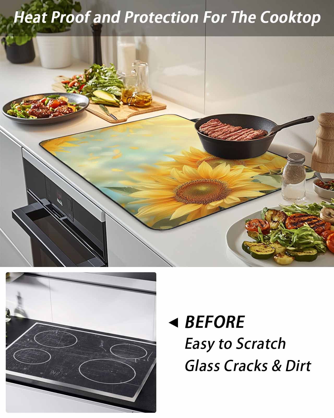 Stove Top Covers for Electric Stove, Sunflower Glass Stovetop Cover Protector, Yellow Spring Floral Botanical Induction Cooktop Protector Oven Mat for Kitchen Countertop 24"x21"