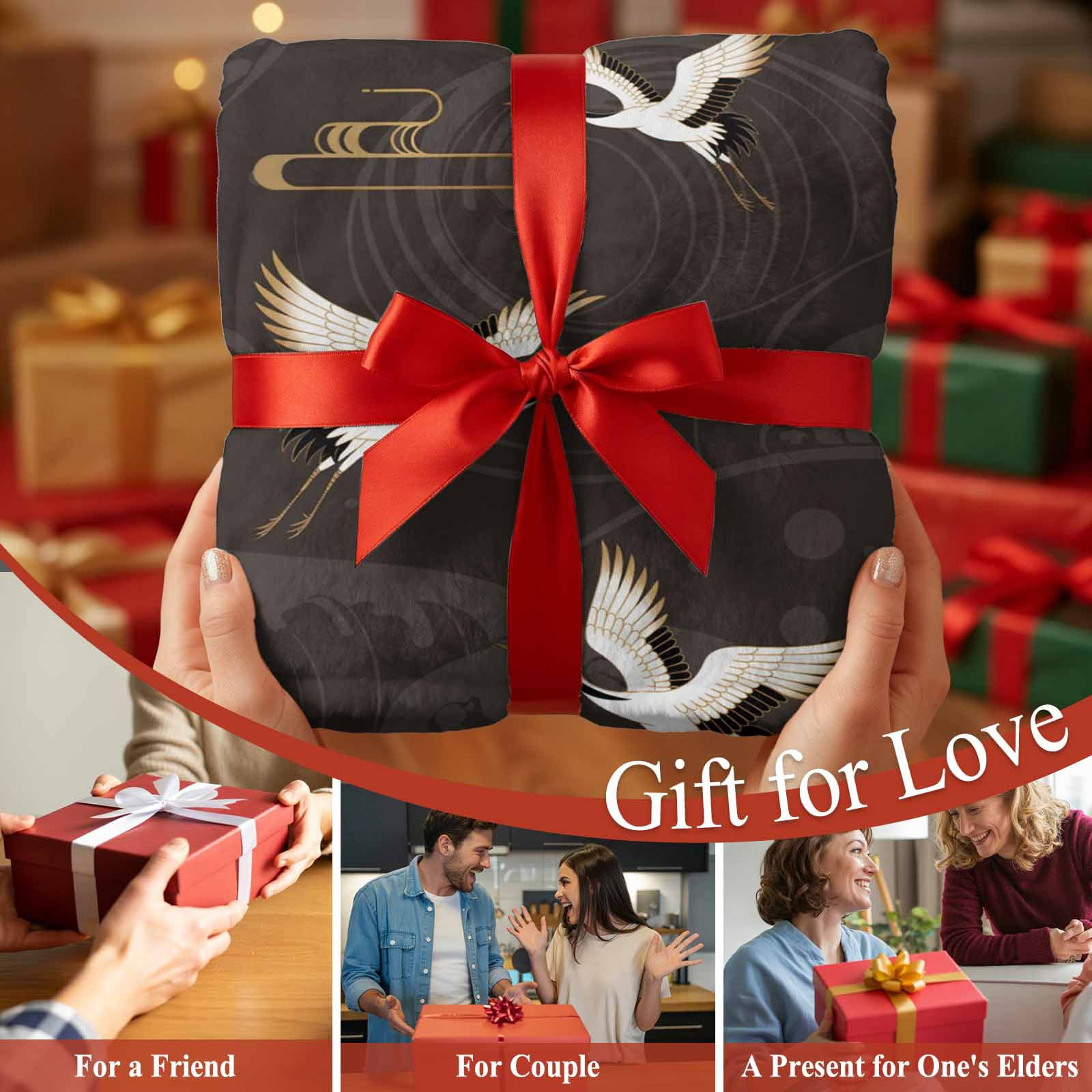 Japanese Style Blanket Soft Cozy Warm Throw Blanket for Couch, Plush Fuzzy Flannel Fleece Blankets for Sofa, Vintage Cranes Ocean Wave Black Grey Bed Blankets Lightweight Gifts for Women, 32"x48"