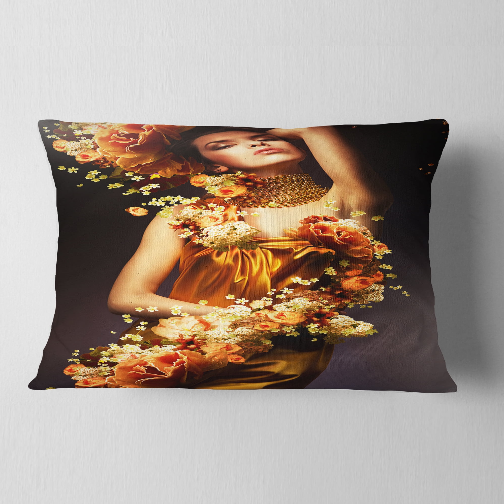 Designart Sensual Woman in Flower Robes - Abstract Portrait Throw Pillow - 12x20