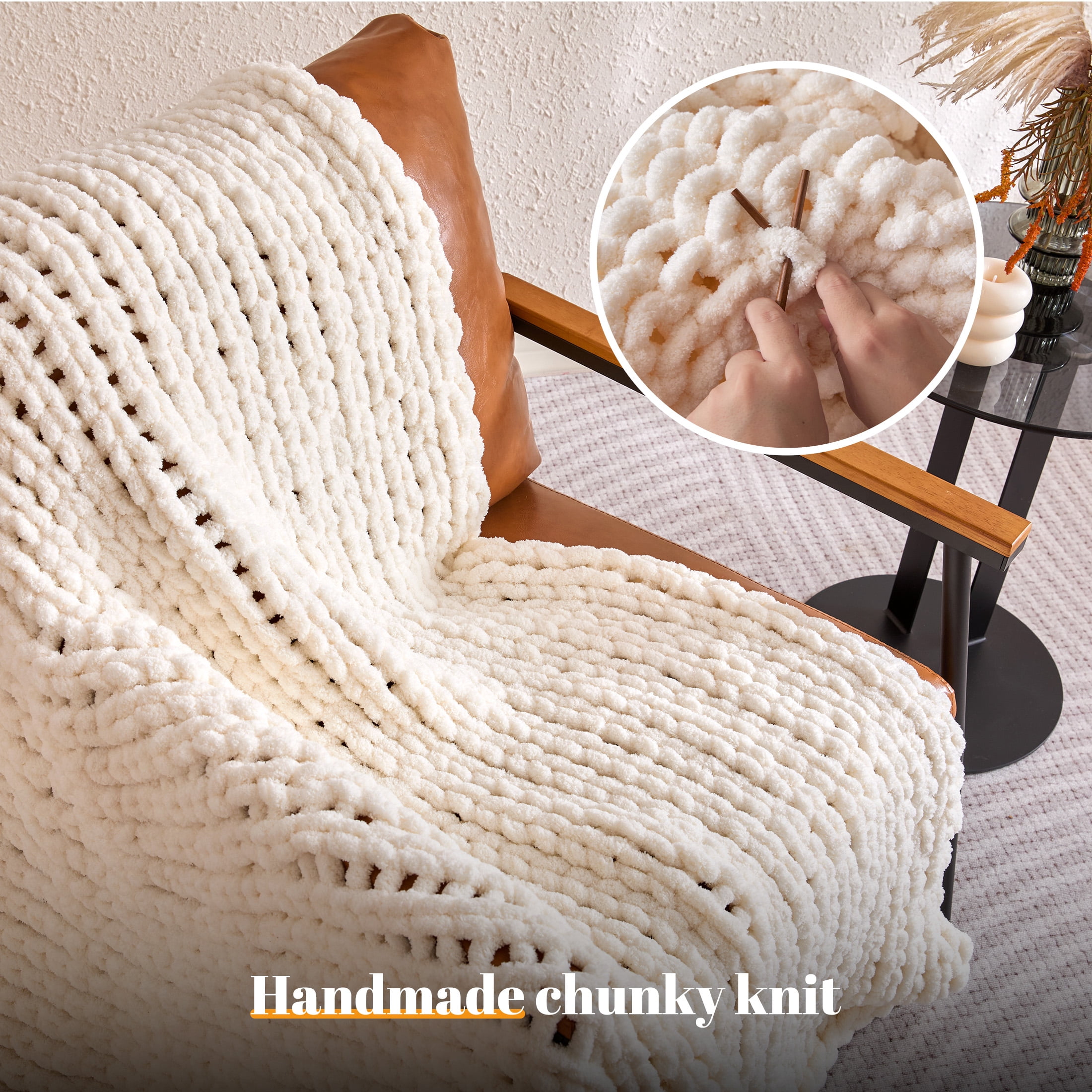 Sonive Ivory Throw Blanket, Chunky Velvet Knit Warm Soft Handmade Circular Throw Blankets for Couch Bed Sofa, 80" × 90"