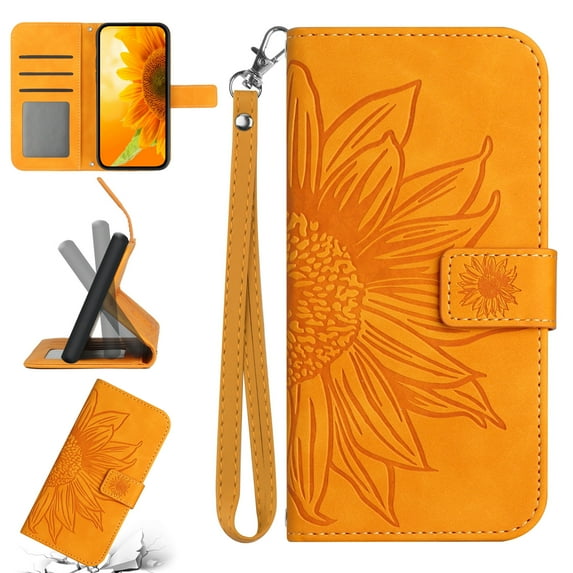 Feishell Slim Wallet Case for Motorola Moto G Play (2021),for Men Women,Sunflower Embossed Pattern PU Leather Flip Cover Magnetic Folio Card Slots Kickstand Phone Case with Hand Strap,Yellow