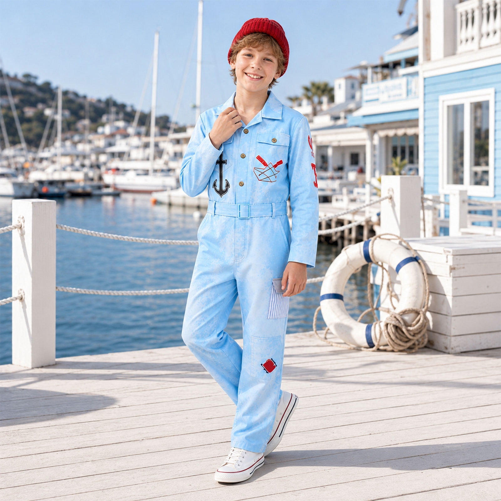 Descendant4 Maddox Hatter Costume,Rise Red Cosplay Tie Dye Jumpsuit Outfits,Movie Character Role Play Dress Up for Halloween Party,Size 110