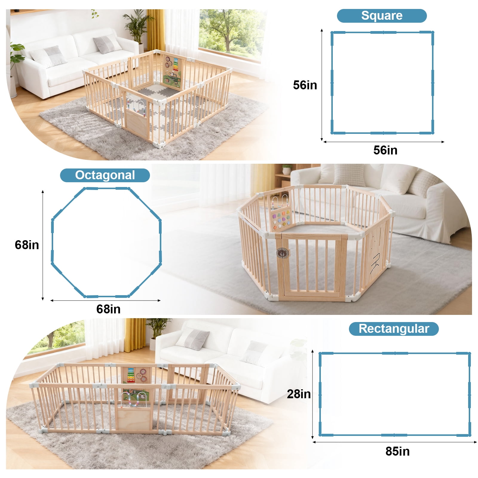 Wooden Baby Playpen with Mat, Activity Center with Gate and 2 Busy Board, Thickened Wood Adjustable Play Yard