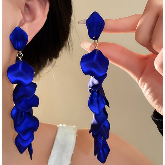 Clip on 4 1/2" XXlong gold chain shiny blue petal dangle earrings