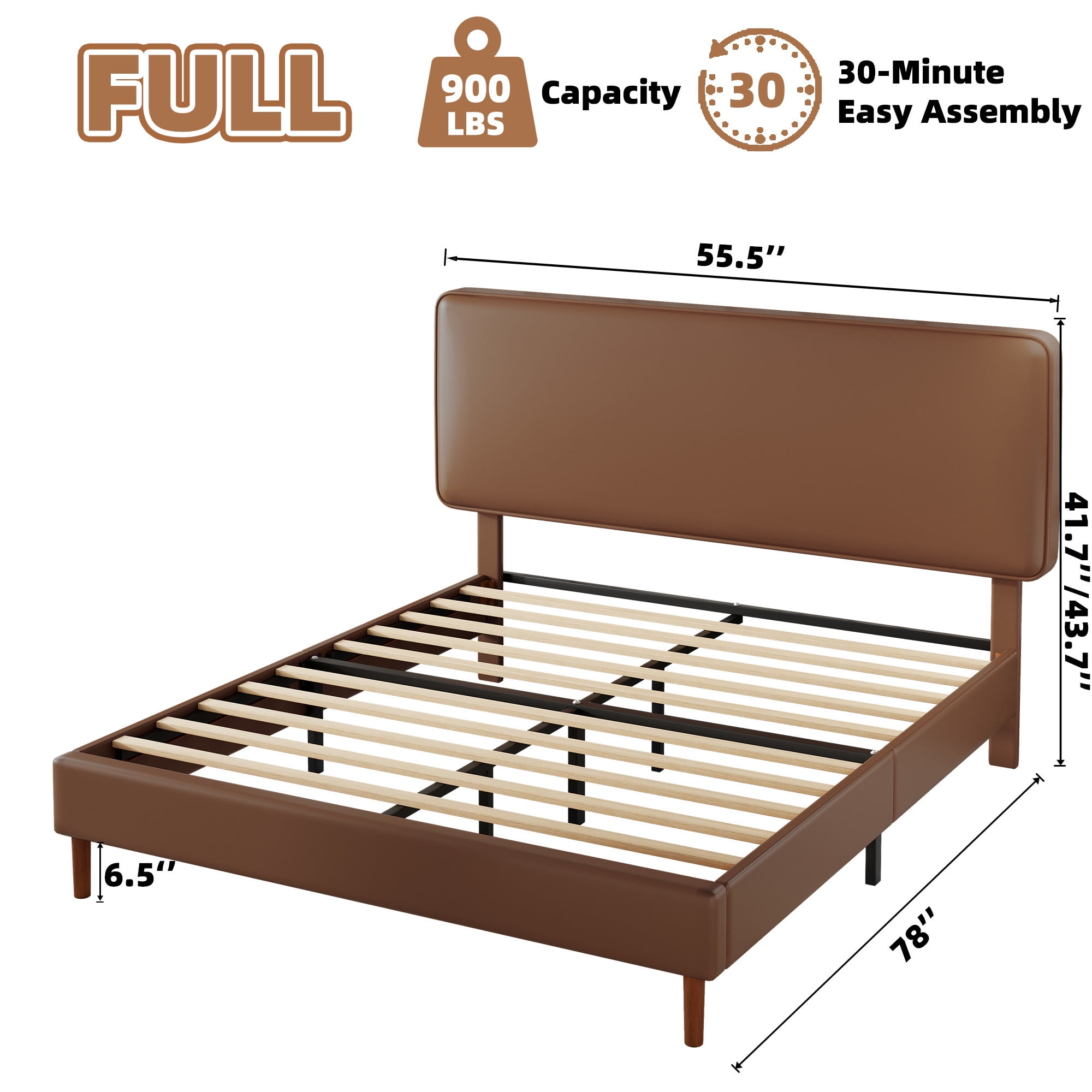 Frostbloom Full Bed Frame, Upholstered Faux Leather Platform Bed with Adjustable Headboard, Dark Brown