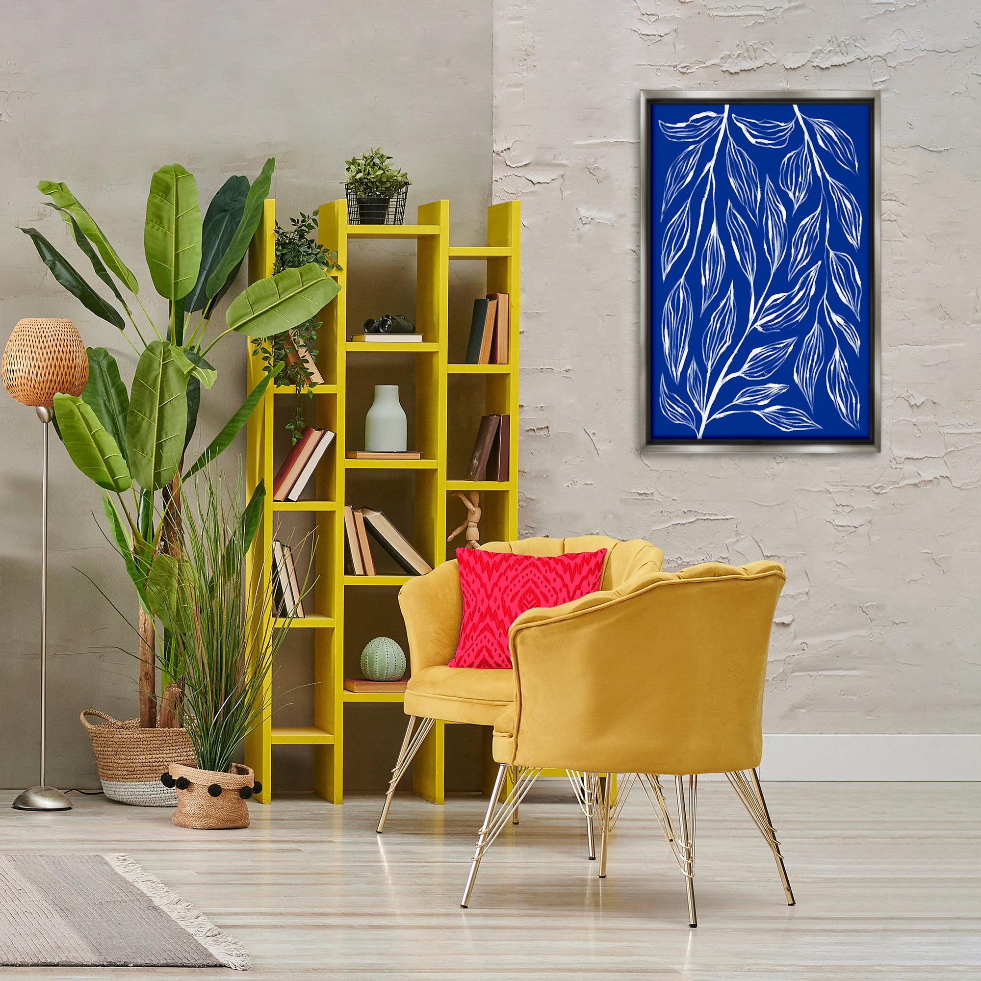 Stupell Industries Blue Leaves & Grasses Plants & Flowers Painting Gray Floater Framed Canvas Art Print Wall Art, 21 x 31