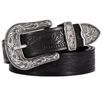 Black Western Pu Leather Belt Wide Vintage Boho Hollow Oval  display picture 2