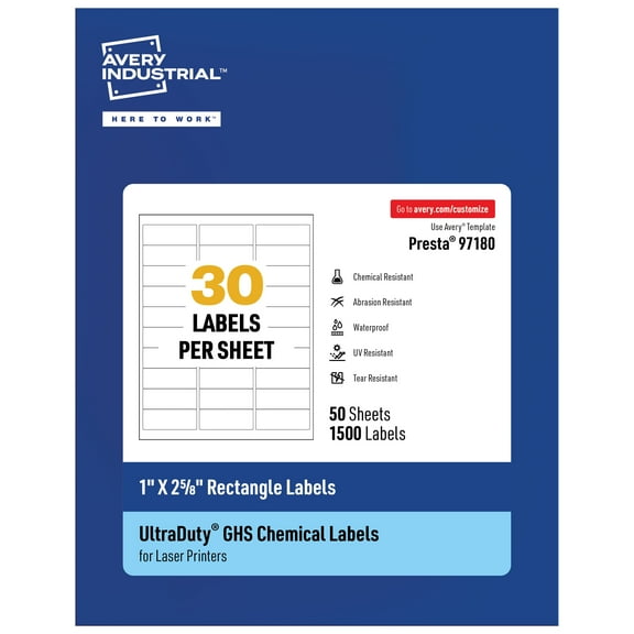 Avery UltraDuty GHS Labels 1" x 2-5/8", 1500 Ct, Laser Printer
