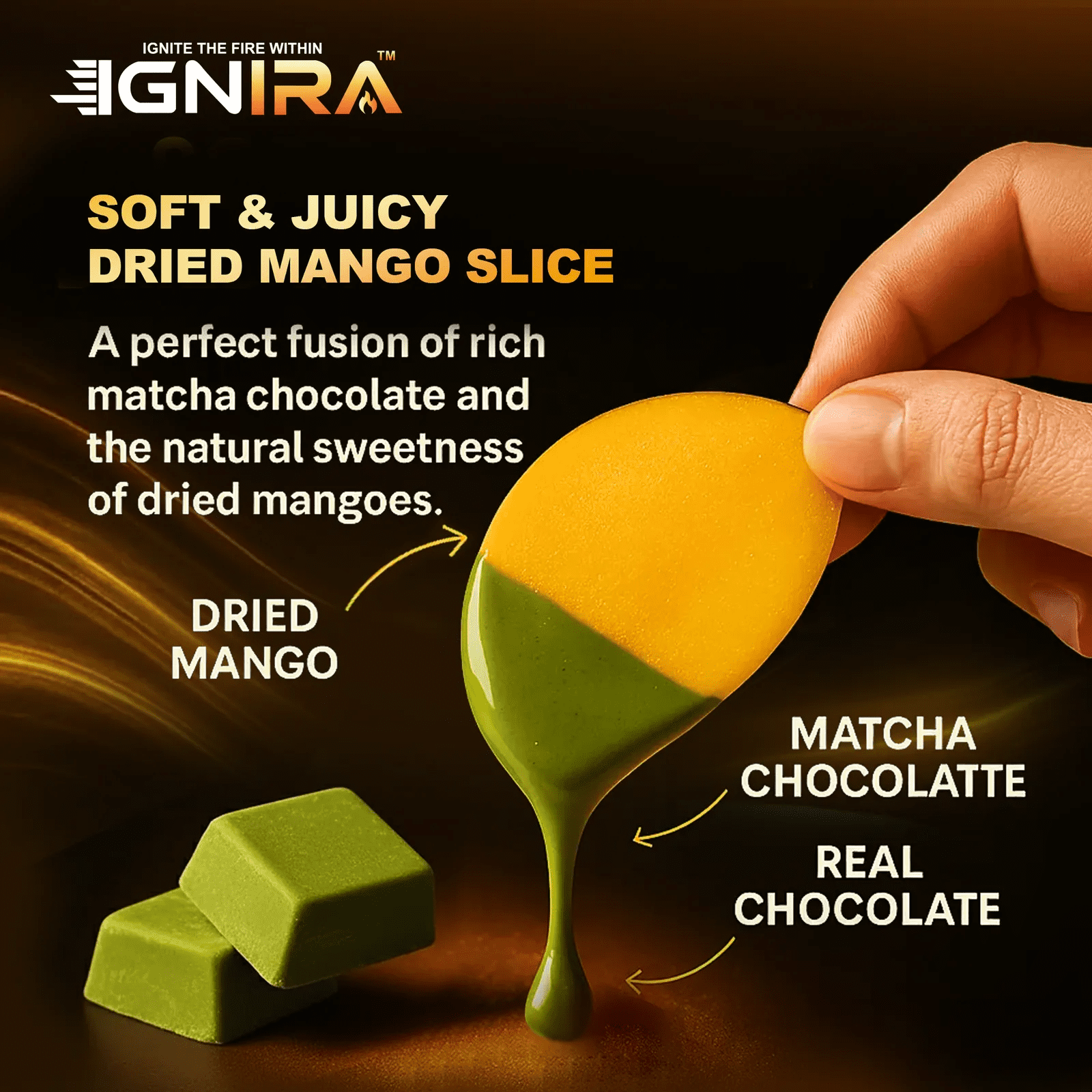 (3 pack) IGNIRA Dried Mango Slices Covered in Chocolate Matcha - Fruit Snack -  6-pack ( Paper Box )