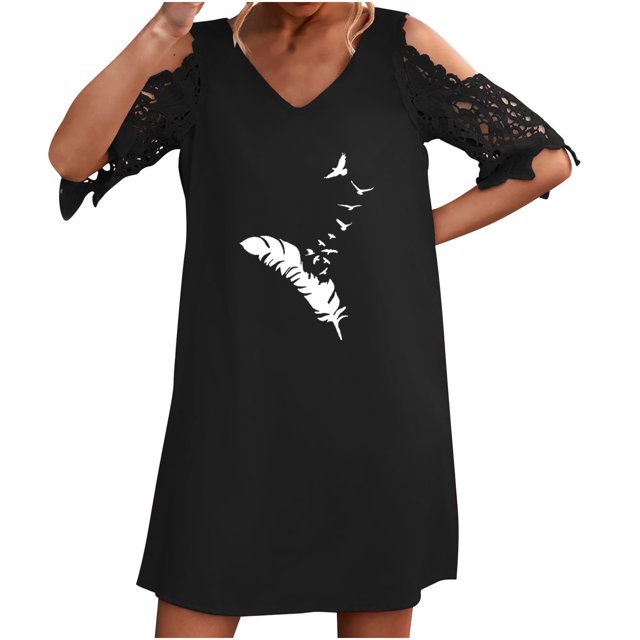 Vestidos de manga corta con hombros descubiertos y encaje con cuello en V estampado sexy de verano para mujer Fridja bnh5412