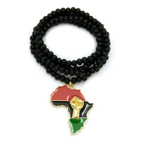 Power Fist on Pan Africa Continent Pendant w/ 6mm 30" Black Wood Bead Necklace, Gold-Tone