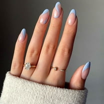 24Pcs French Tip Press on Nails Medium Fake Nails Blue Nails with Swirls Design Almond Acrylic Nails, Gifts Stocking Stuffers for Women