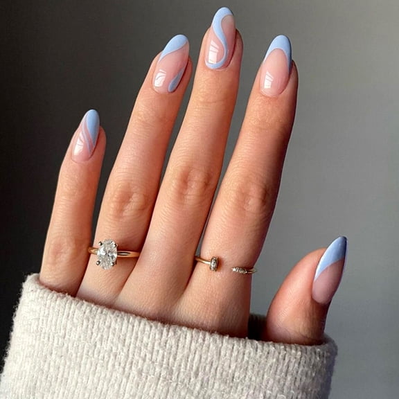 24Pcs French Tip Press on Nails Medium Fake Nails Blue Nails with Swirls Design Almond Acrylic Nails, Gifts Stocking Stuffers for Women