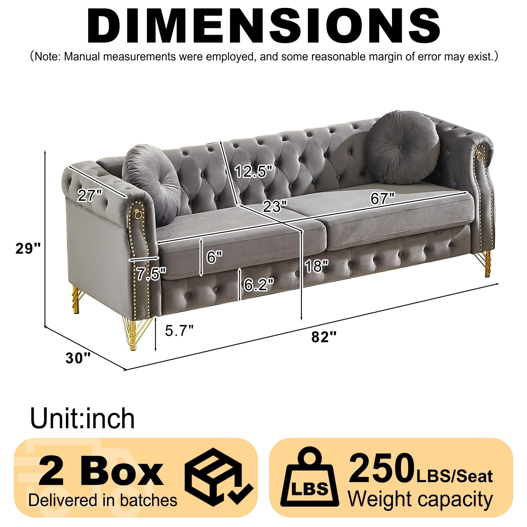 Sailvan 82" Velvet Chesterfield Sofa, Tufted 3-Seater Couch with Gold Metal Legs & Copper Studs, Luxury Living Room Furniture Grey