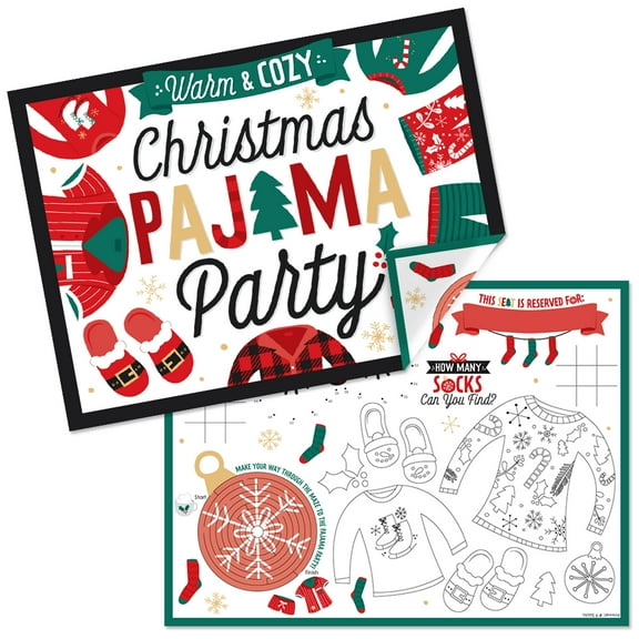 Big Dot of Happiness Christmas Pajamas - Paper Holiday Plaid PJ Party Coloring Sheets - Activity Placemats - Set of 16