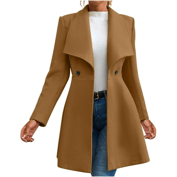 Women's Solid Color Fall and Winter Lapel Coat Slim Long Fashion Lapel Woolen Coat Coffee M